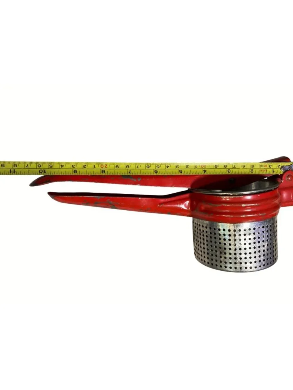Red Metal Potato Ricer With Perforated Basket And Press Handle Vintage